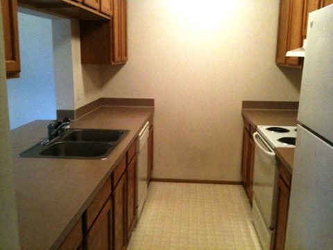 a kitchen with a sink and a stove and a refrigerator